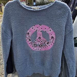 Pink Republic Blue Sweater with Pink Peace Sign